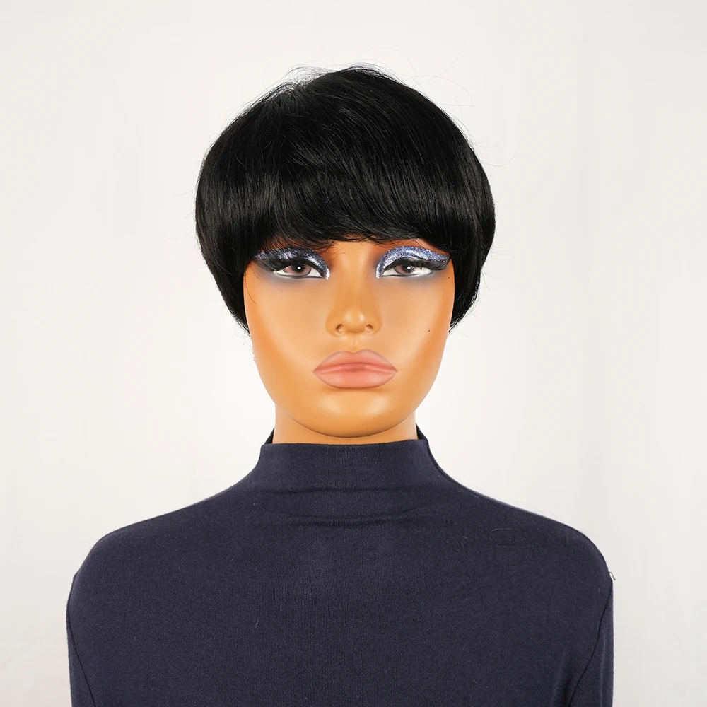 Peruki pixie cut dla czarnoskórych kobiet, krótkie peruki warstwowe, krótkie peruki z ludzkich włosów z grzywką, peruka wykonana w całości maszynowo.
