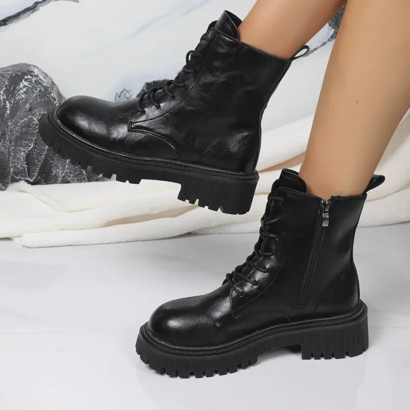 2024 New Women's Shoes Side Zipper Women's Boots Fashion Front Lace-up Modern Boots Women Winter Plus Size Solid Mid-Calf Boots