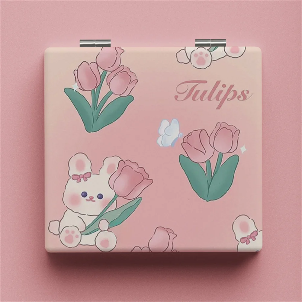 Ins-Miroir Tulipe Portable Petit Lapin Mignon, Miroirs Pliants, Double Face, Maquillage, Carré, Bol, Cadeau