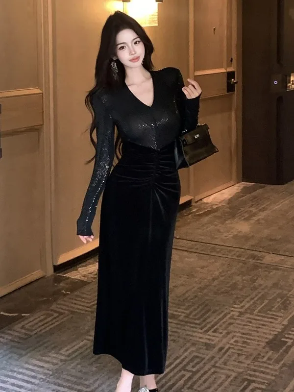 Velluto con paillettes Patchwork V-Ne Lungo Sve Donna Dr Autunno Inverno Vita alta Aderente Dr Ele Gonna aderente