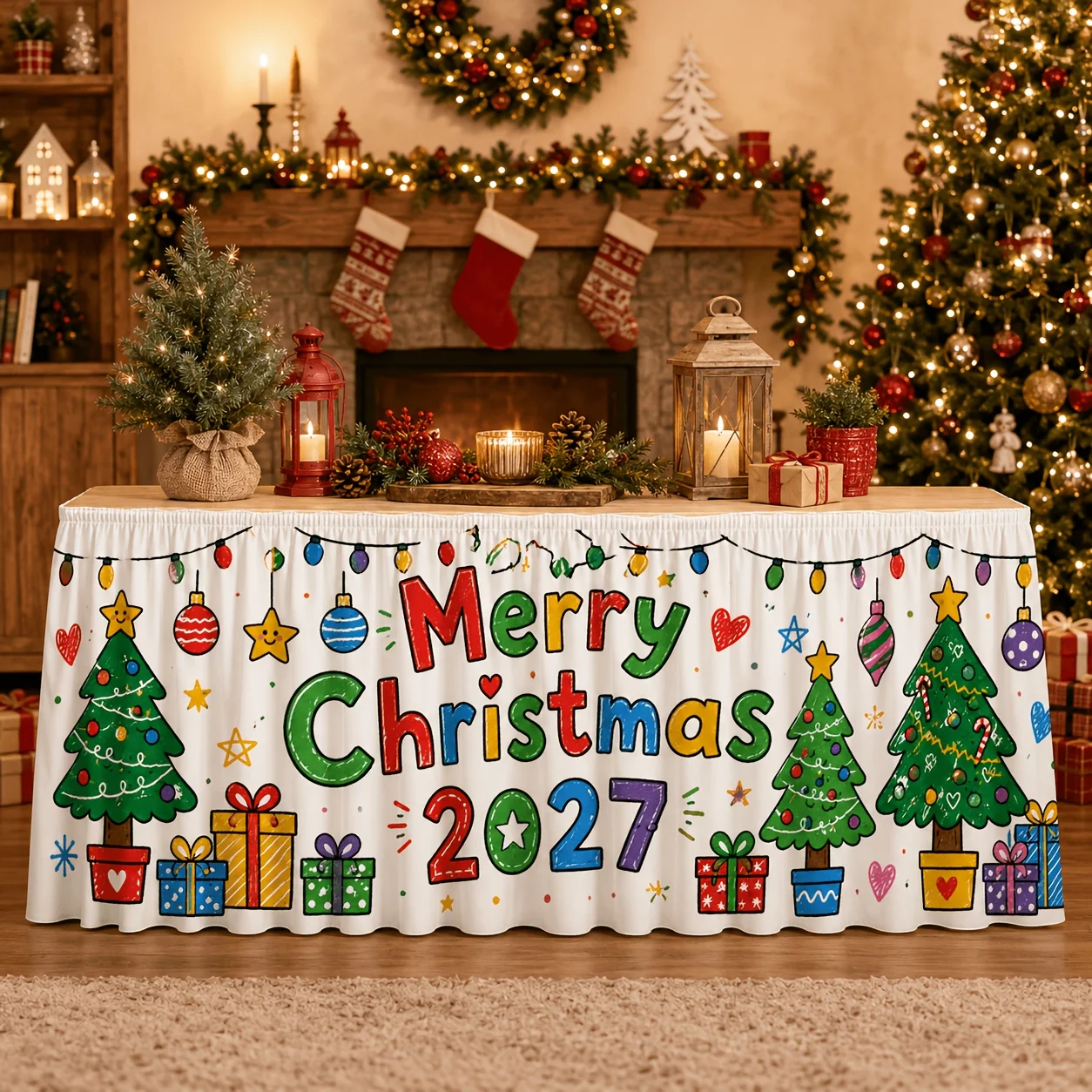 Pack of 1, Christmas Tablecloth for Children's Christmas Party Decorations, Rectangular Tablecloth with Cartoon Tree