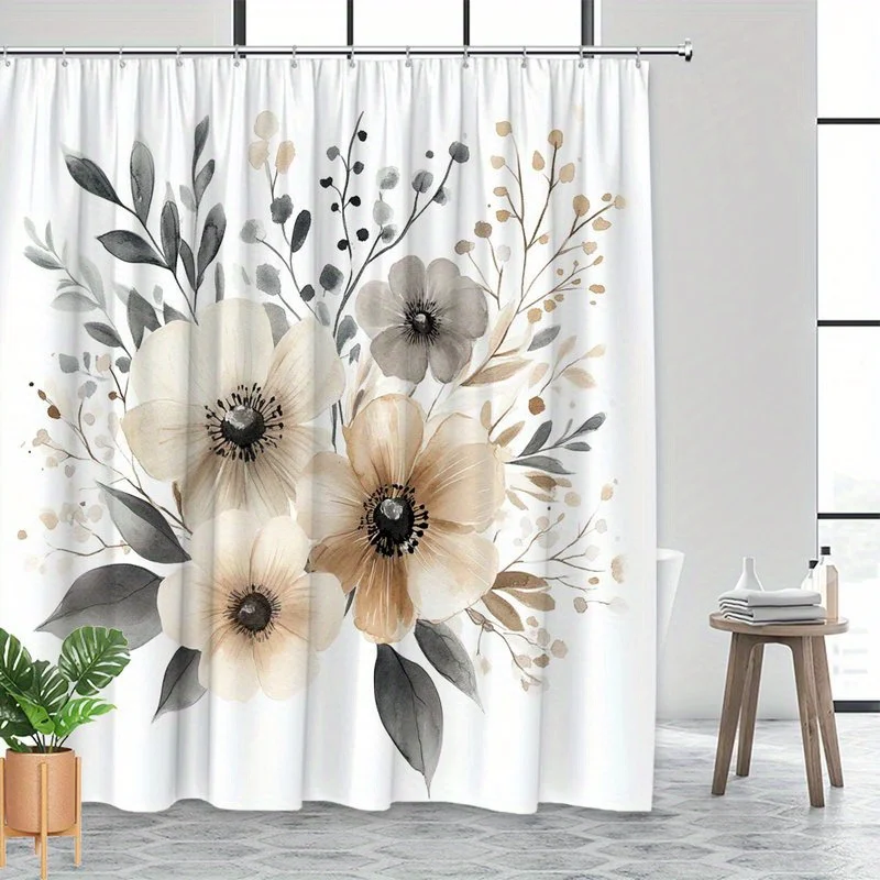 

1 шт., занавеска для душа с рисунком листьев анемона, которую можно стирать в машине, с крючками, полиэстер, идеально подходит для украшения ванной комнаты