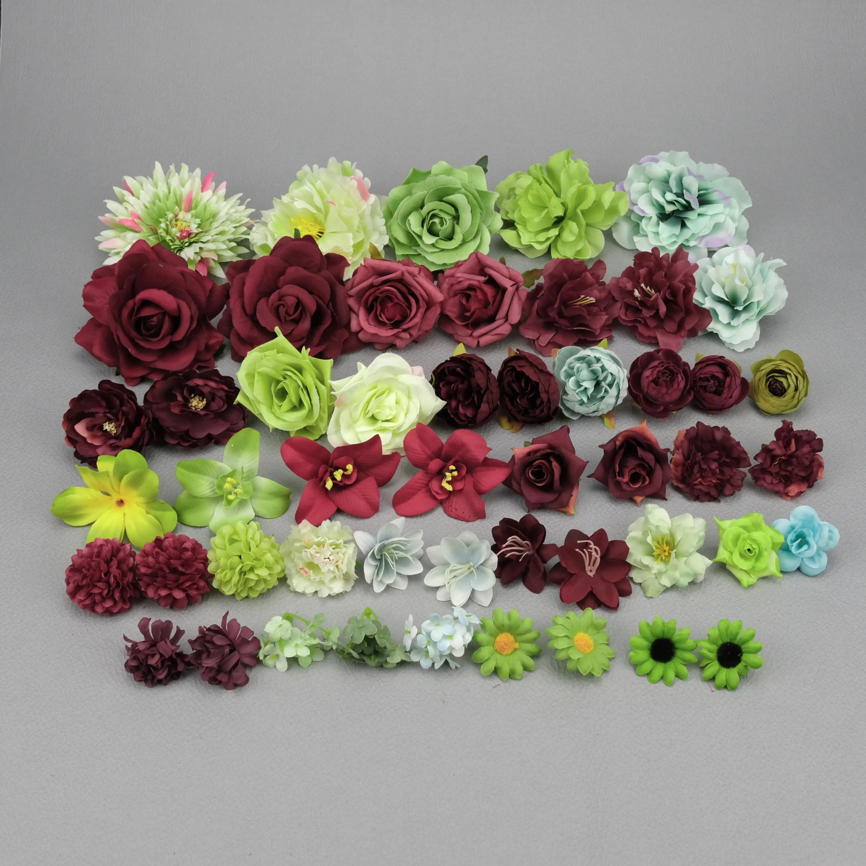 50Pcs/Pack Green Artificial Silk Flower Head Birthday Floral Number Combo Set Mix Color Fake Rose Peony For DIY Crafts