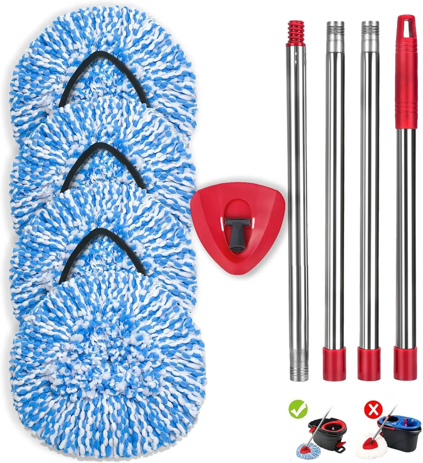 

4 Pack Triangle Spin Mop Replacement Heads with Base and Handle, Microfiber Refills for Deep Cleaning