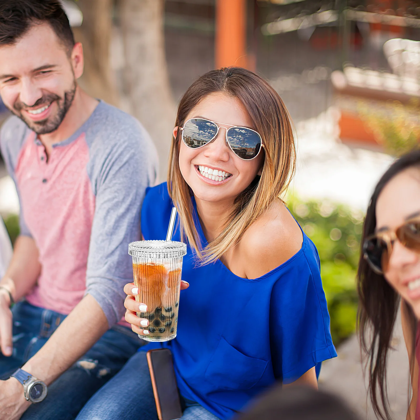 

Полосатая стеклянная чашка, стеклянная соломинка для питья, крышка, герметичная многоразовая крышка для воды, сока, кофе, стаканы для питья с крышками