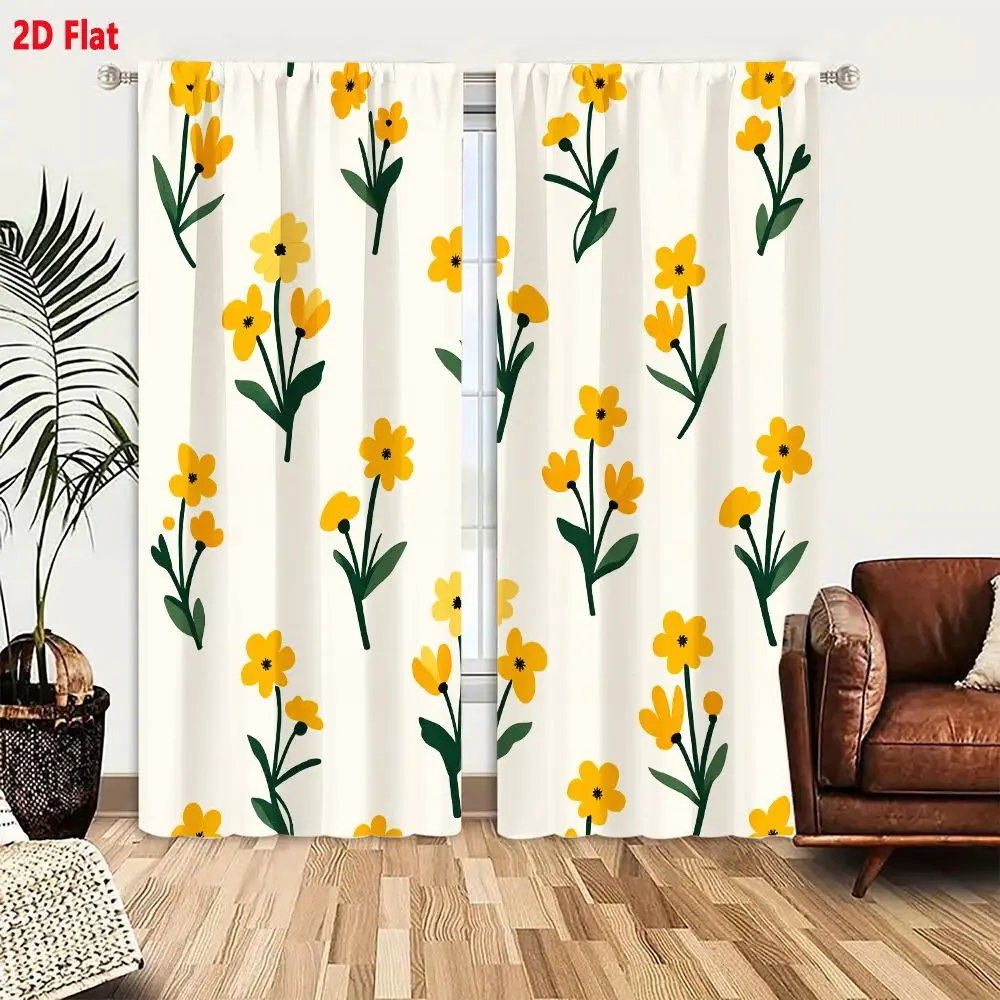 2Pcs Curtains 2D Flat Yellow Flowers With Green Stems Leaves On Light Beige Background Whimsical Repeating Pattern Cheerful Deco