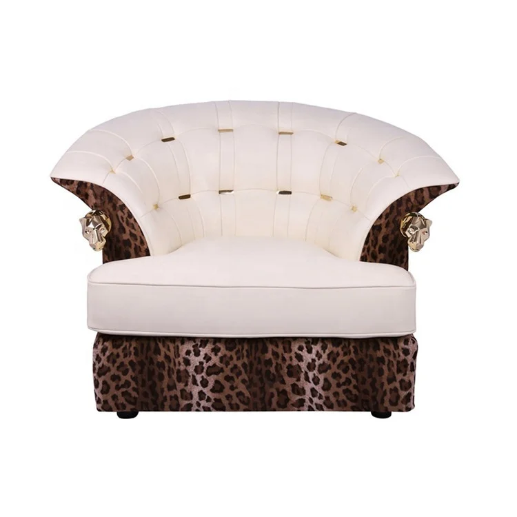 Contemporary Luxury Single Sofa Accent Chair White Leather Copper Leopard Print Velvet Wood Metal High Grade Living Room