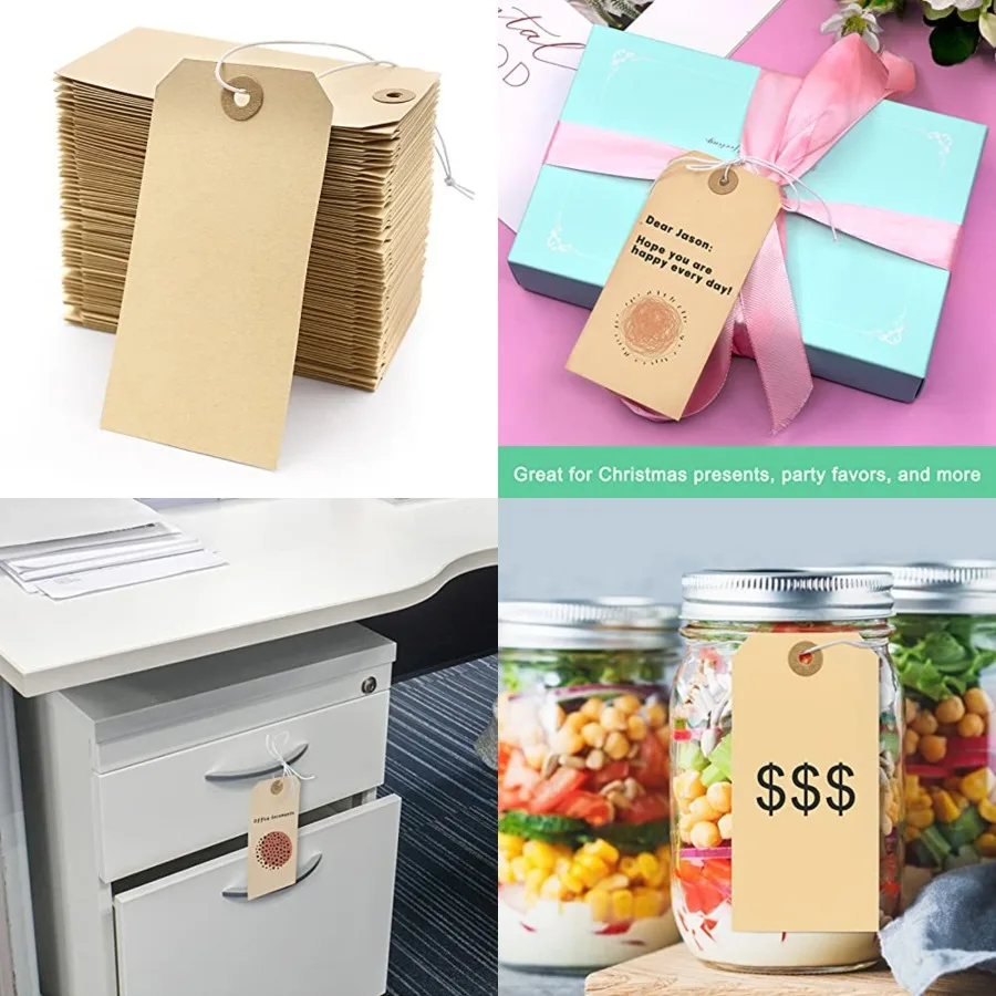

Blank Manila Shipping Tags with String - PCS Cardstock Paper Price Gift Tags Attached Reinforced Hole, 4 3/4" x 2 3/8