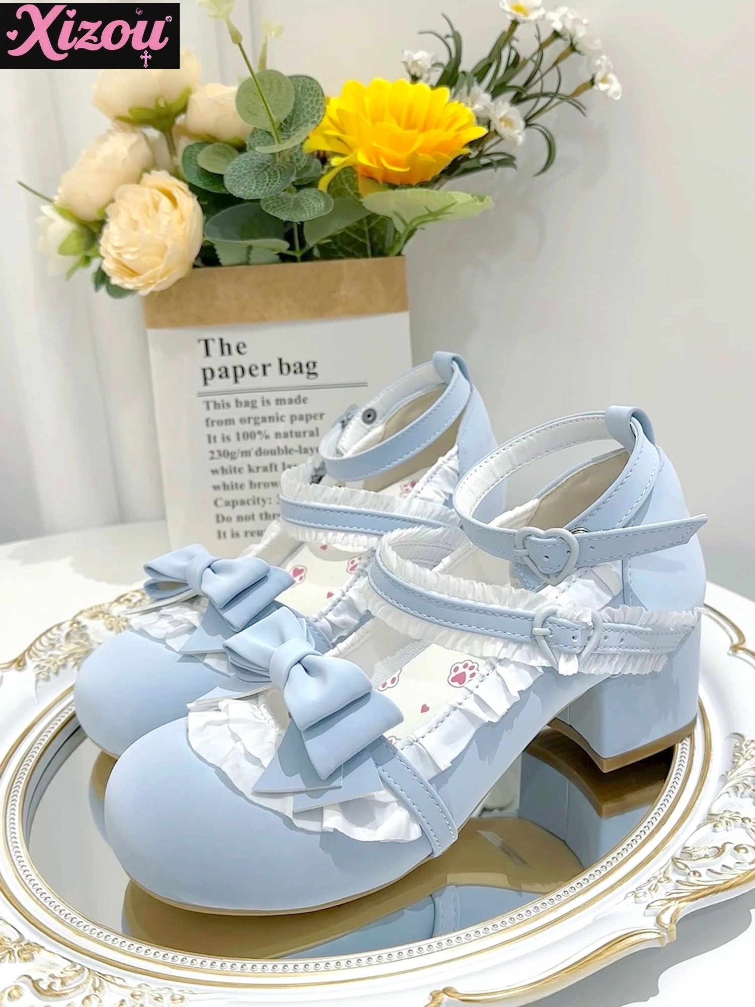 اليابانية الأصلية الحلو ولطيف فتاة لوليتا أحذية دمية الشعور متوسطة الكعب أحذية السيدات القوس القديم الدانتيل عالية الكعب للنساء