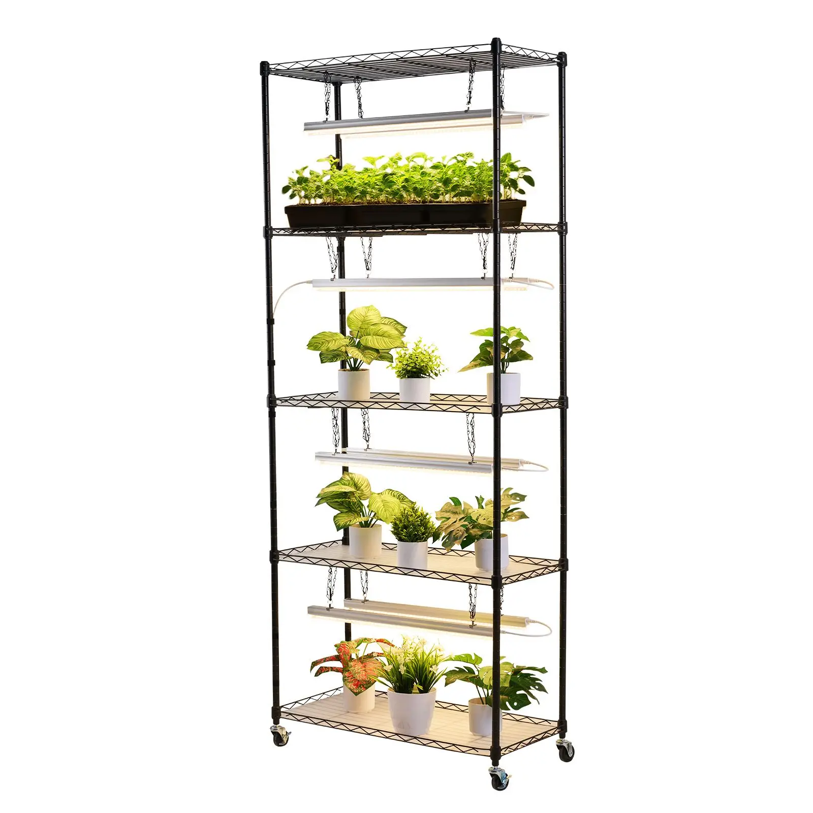 Plant Shelf with Grow Light, 5-Tier Indoor Plant Stand, 71 in Tall Plants Display Rack with Wheels & 4/9/14H Timer, 80W T5 LED Full Spectrum Grow Lights, Flower Pot Holder for Seed Starting
