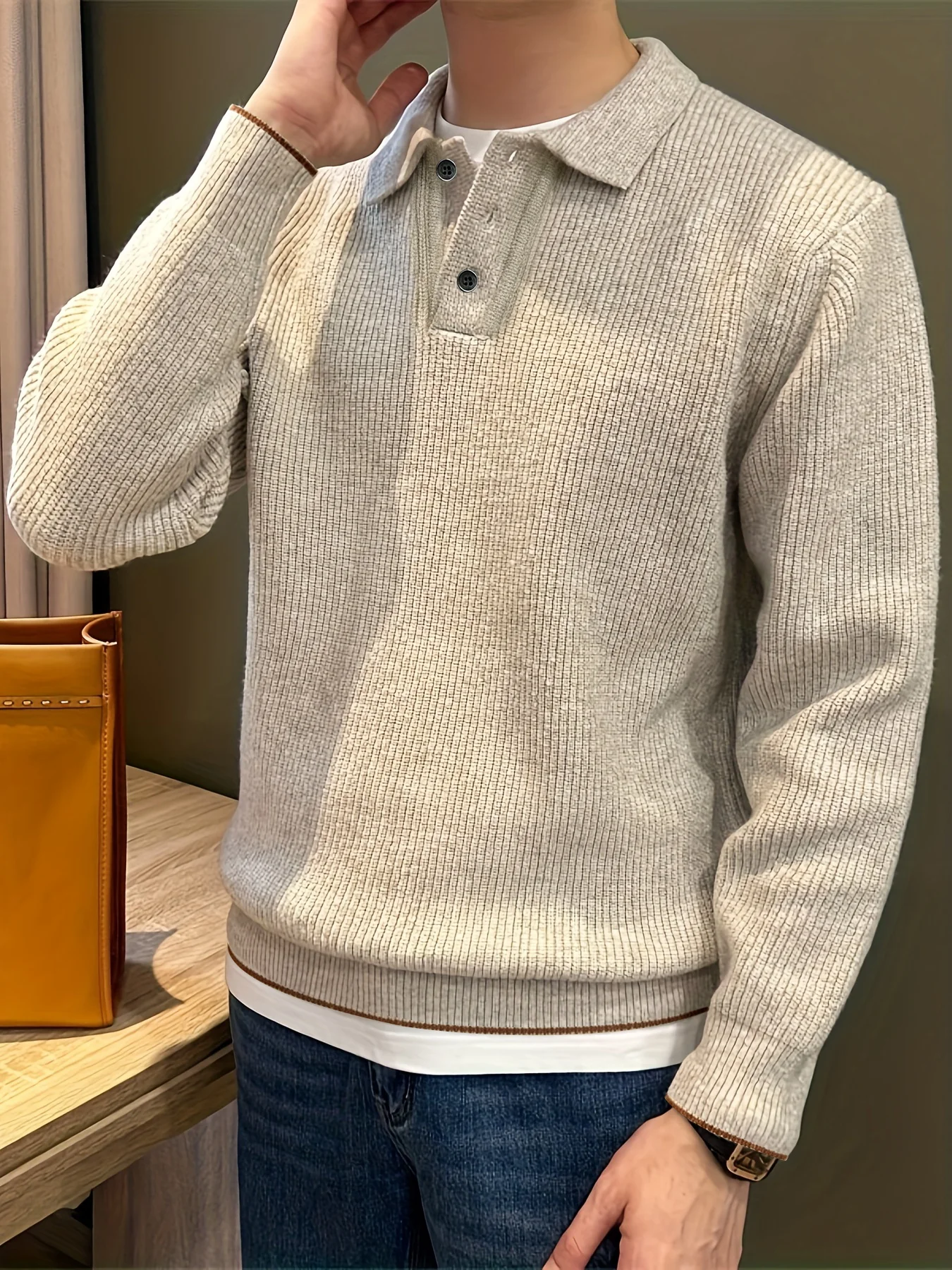 Herren-Polokragen-Strickpullover, Herbst-Winter, Langarm, Knopfleiste, gerippte Textur, lässig, Business, Pendler, einfarbig, Revers – Detail 10