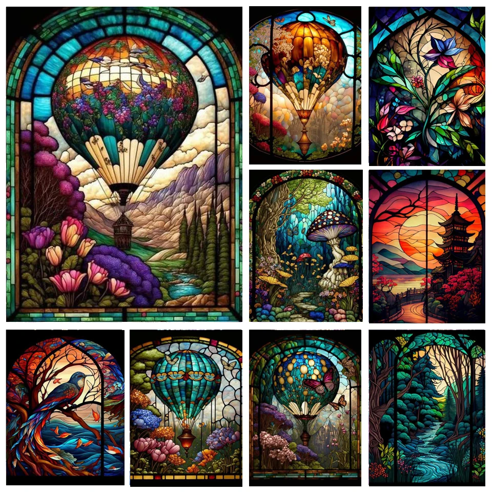 Full Drills DIY 5D Dragon Diamond Painting Stained Glass Hot Air Balloon Diamond Embroidery Fantasy Mushroom Mosaic Art V514