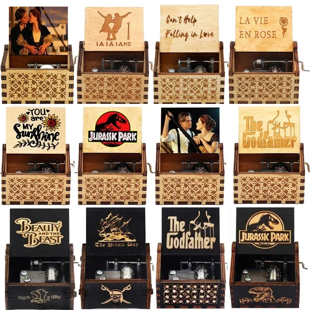 # # #   Gran oferta, caja de música con manivela de madera tallada antigua, caja de música con puntadas, figura de Bella y Bestia, regalo de cumpleaños y Navidad