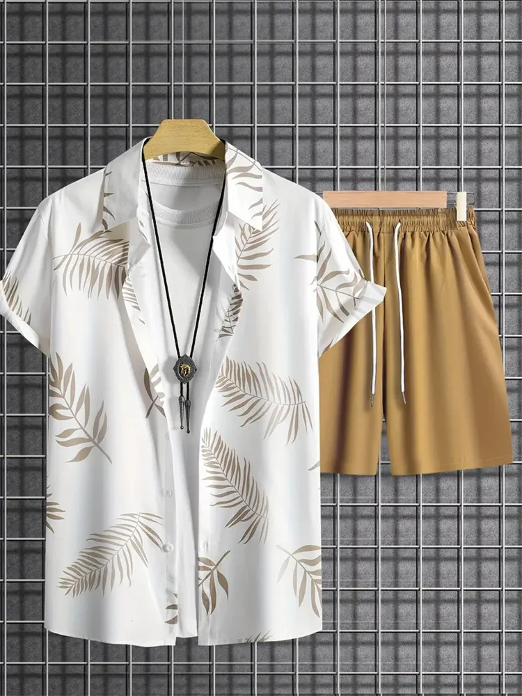 Nieuwe zomermode Hawaiiaans herenpak Heren bladprint Shirt met korte mouwen Shorts 2-delig Casual Comfort Plus Size Reispak