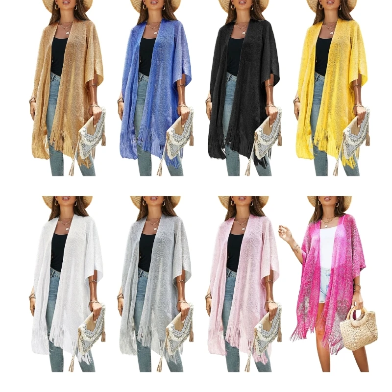 Traje de baño con borlas para mujer, Bikini con parte delantera abierta, Kimono, cárdigan, largo, ropa de playa, 55KD