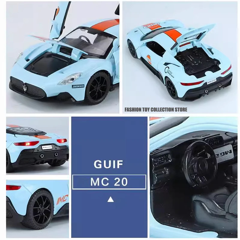 1:32 Maserati MC20 Gulf Edition Alloy Car Model Diecasts Toy With Sound and Light Vehicles Decoration Toys For Kids Gift