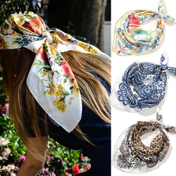 AWAYTR 70*70CM Floral Print Square Scarf Bandana Femme Headscarf Women Satin Kerchief Hairband Neckerchief Head Hijab Lady Headb