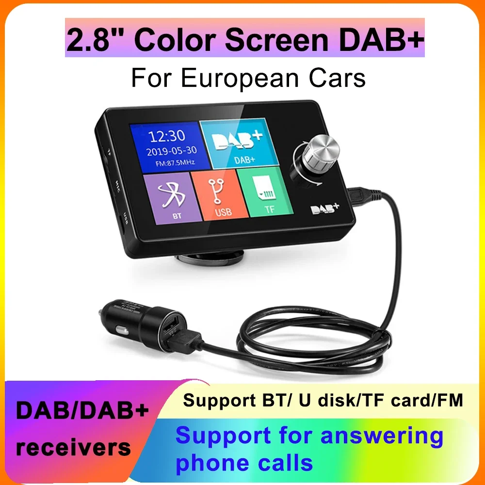 2.8 Inch  Screen Digital European DAB/DAB+ Broadcast Adapter Car Radio Receiver MP3 Player Video Slide Transmitter BT