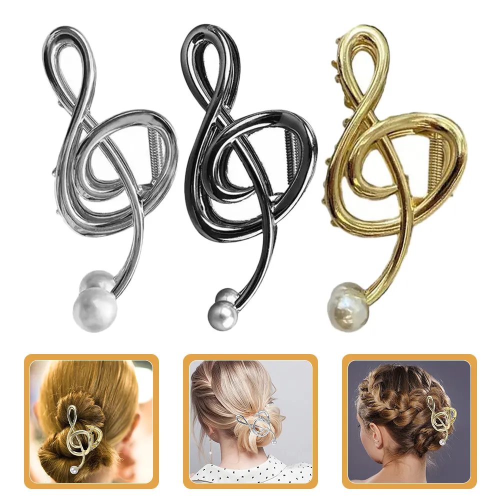

3Pcs Music Note Claw Clips Women Elegant Fake Pearl Metal Hair Claw Clips Large Non-Slip for Thick Hair Styling Accessories