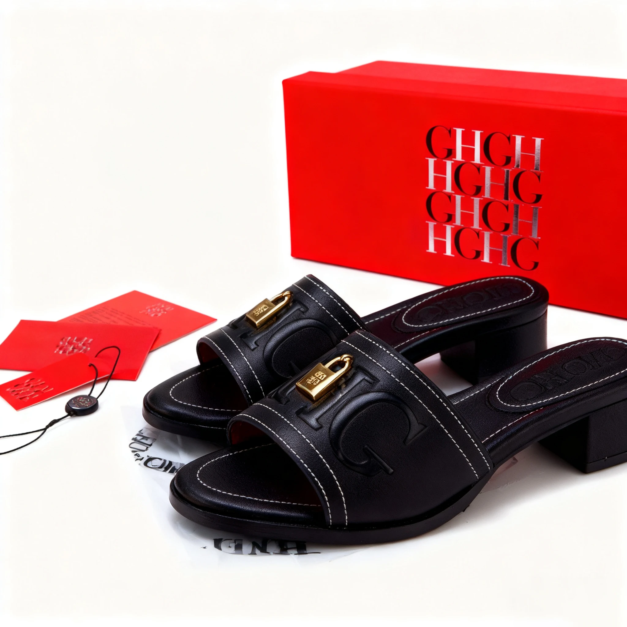 

CHIc Black Leather Heeled Mules 2025 Open Toe Slingback Gold Lock Decor Classic Versatile Sandals For Women Dressy Casual Gift