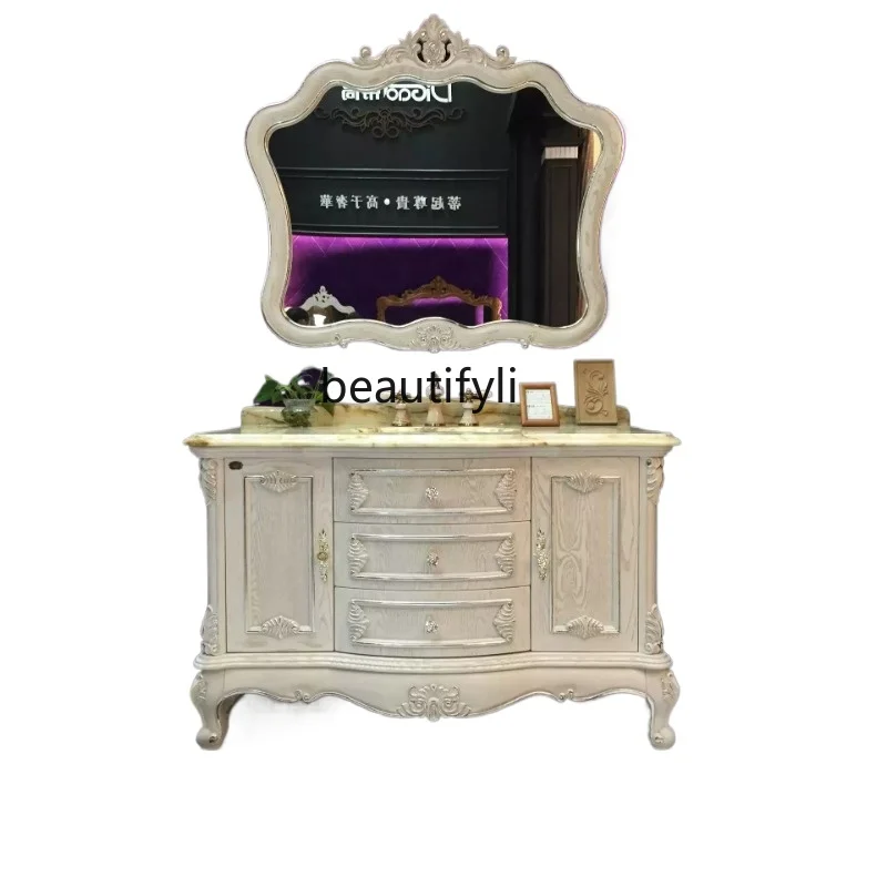 European bathroom cabinet floor-to-ceiling antique bathroom cabinet combination solid wood American marble sink basin wash face