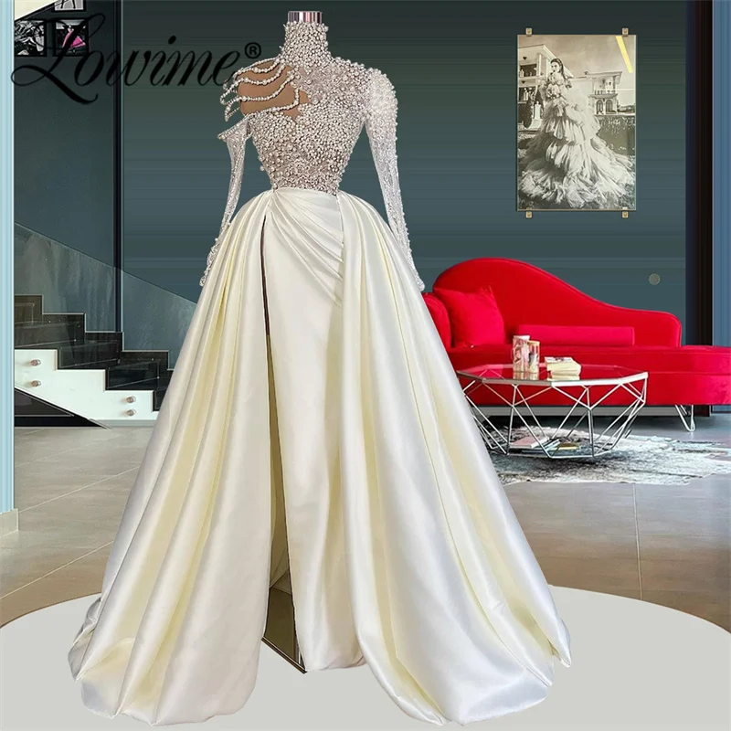 

Lowime New Arrival Pearls Beading A-Line Arabic Dubai Evening Dresses 2022 Couture Long Sleeve Satin Puffy Prom Dress Party Gown