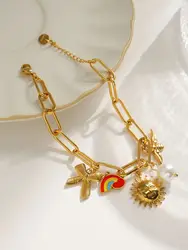 18k gold-plated stainless steel DIY sun rainbow heart bow pearl bee pendant personality bracelet suitable for women's jewelry