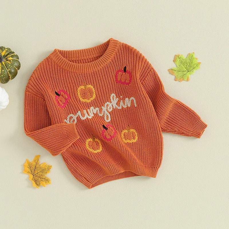 Baby Boys Girls Halloween Sweater Pumpkin Letter Embroidery Crew Neck Long Sleeve Pullovers Jumpers Tops