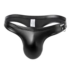 CLEVER-MENMODE Sexy Faux Cuir String Hommes Sous-Vêtements T-back Slip tanga hombre Lingerie Taille Basse Noir Anneau En Métal Décor