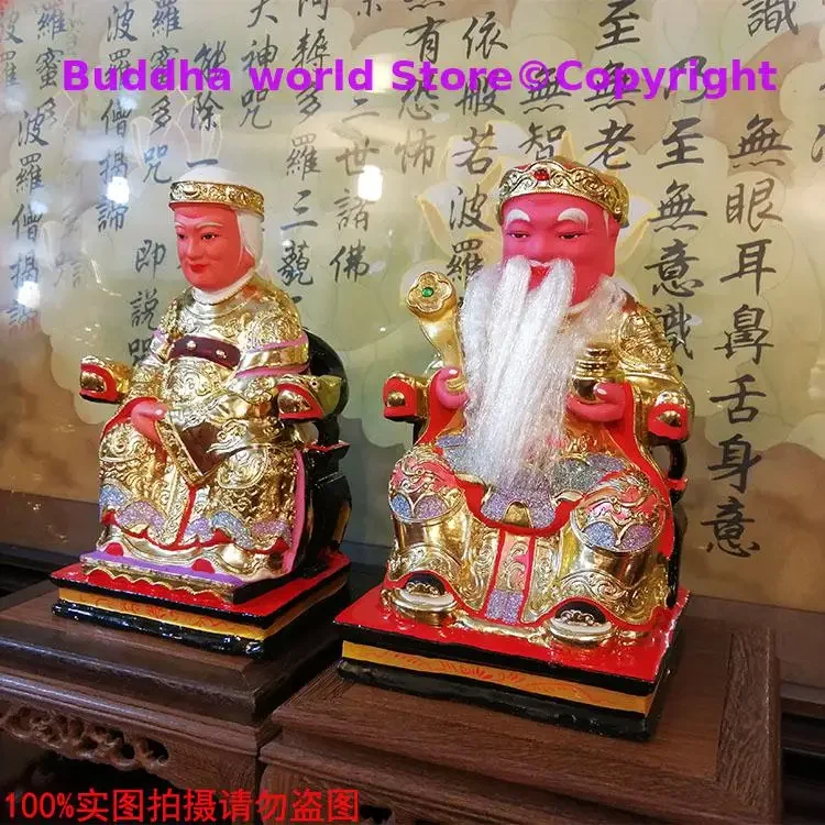 A pair Asia HOME Temple altar Worship CAI SHEN TU DI GONG PO God Wood carving statue Bring wealth money good luck Bless safe