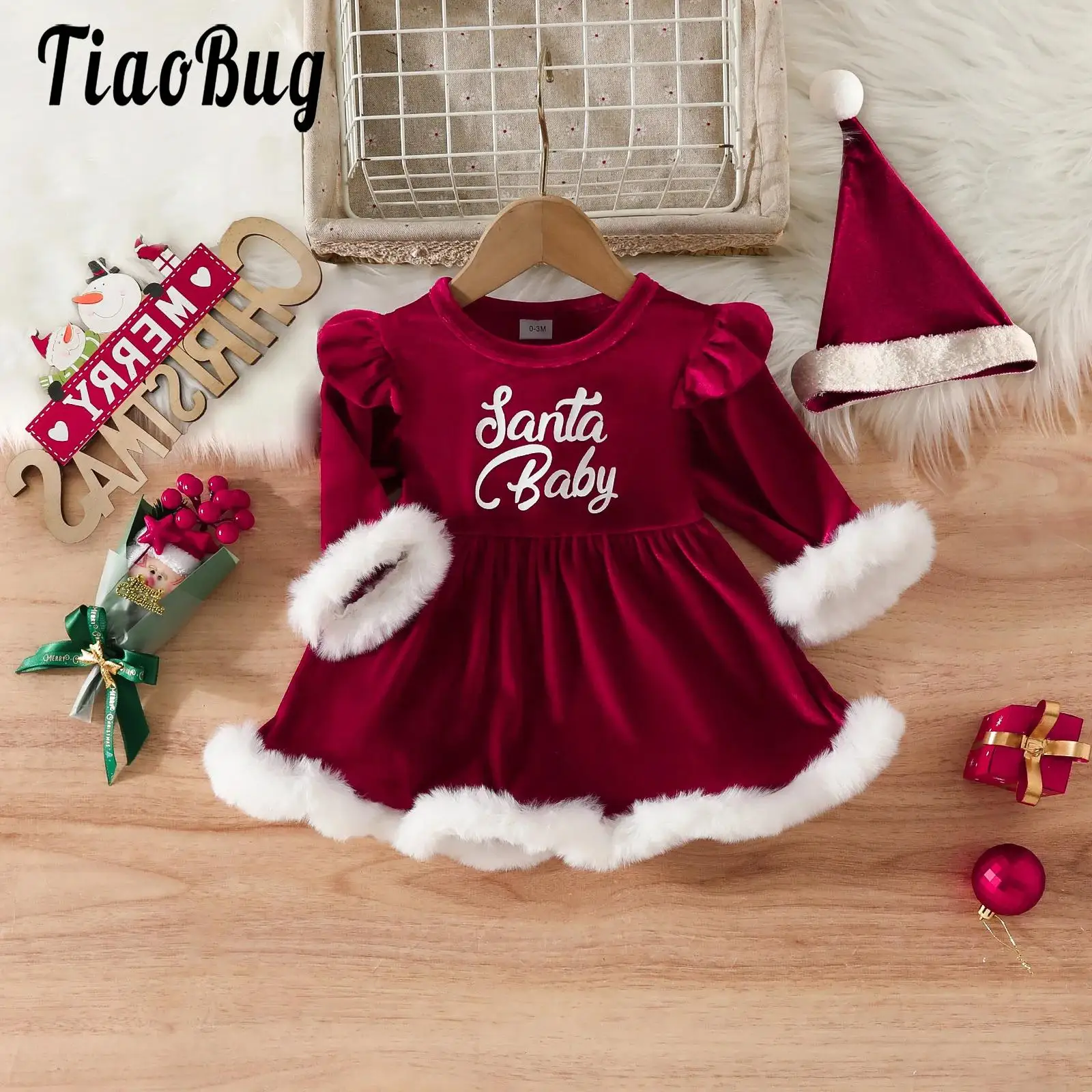 

2Pcs Baby Newborn Girls Christmas Costume Warm Long Sleeve Velvet Princess Dress Romper Skirted with Santa Hat for Baby 1-24M