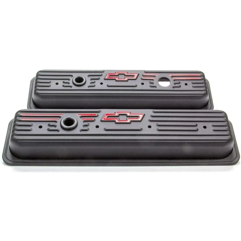 

ProForm Valve Cover, Short, Baffled, Breather Hole, Bowtie Logo, Steel, Black Crinkle, Center Bolt, Small Block Chevy, Pair