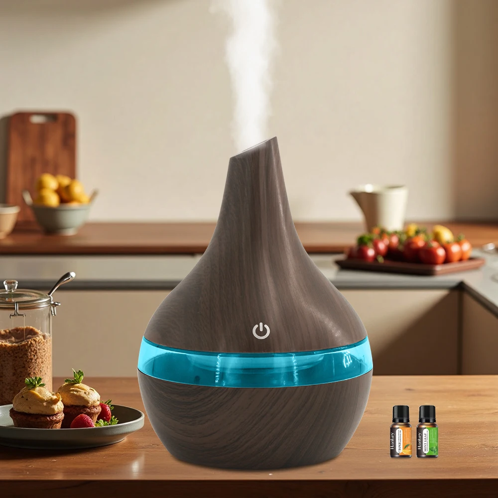 

300 мл USB-диффузор для эфирного масла, увлажнитель с текстурой древесины, тихая работа, автоматическое отключение, без BPA с 2 ароматическими маслами