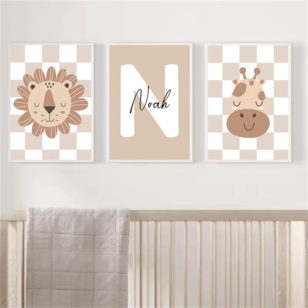 Boho Giraffe Art Print Baby Custom Name Poster Lion Canvas Painting Nursery Wall Art Picture Nordic Posters Kids Room Decoration