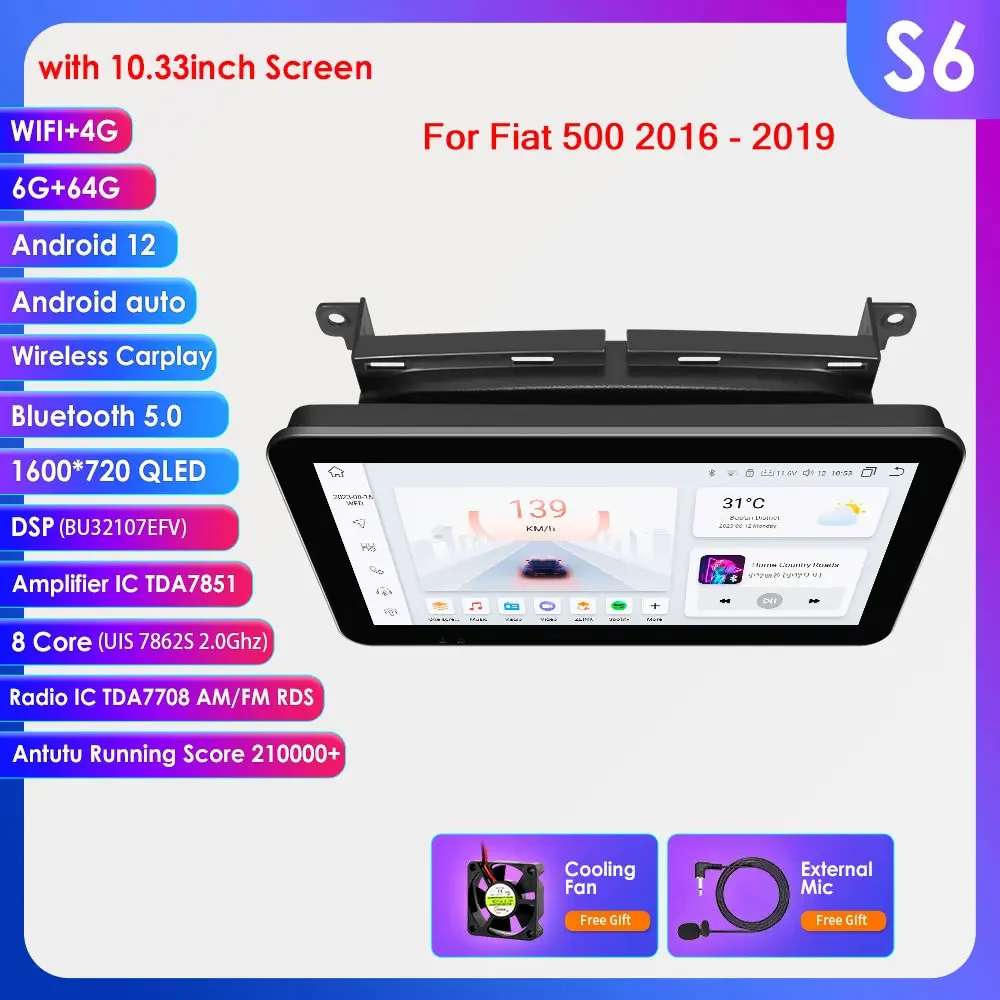 Hizpo 9 ''Draadloze Carplay Android Auto Auto Multimedia Speler Voor Fiat 500 2016 2017 2018 2019 Carplay 4G Autoradio 360 ° Camera