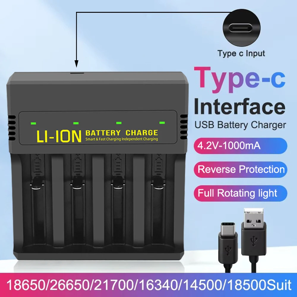 18650 Battery Charger 1/2/4 Slots Type-C Portable Battery Charger 4.2V Rechargeable Lithium Charger Adapter For 18650 16340