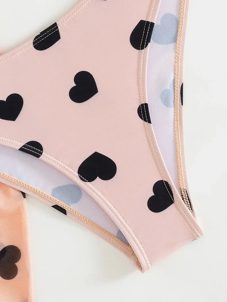 Sexy Herz-Druck-Mesh-Rock, 3-teiliges Bikini-Set für Damen, plissiert, Bandage, Kreuz-Cover-Up-Badeanzug, 2025, Strand-Badeanzug, Bademode