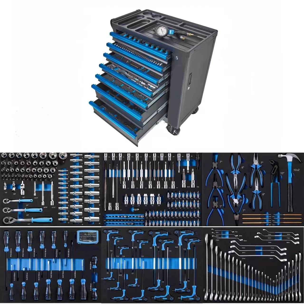 310-Pcs Heavy Duty Stainless Steel Tool Set 7-Drawers Rolling Box Tool Cabinet Cart Trolley Workshop Storage OEM OBM Supported