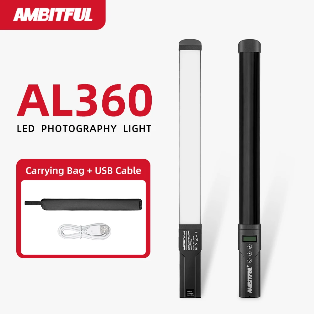 AMBITFUL AL360R Lampe vidéo LED portable 15W 3000K-6000K RVB multicolore en forme de bâton de glace, réglable et contrôlée, avec batterie intégrée de 3100mAh