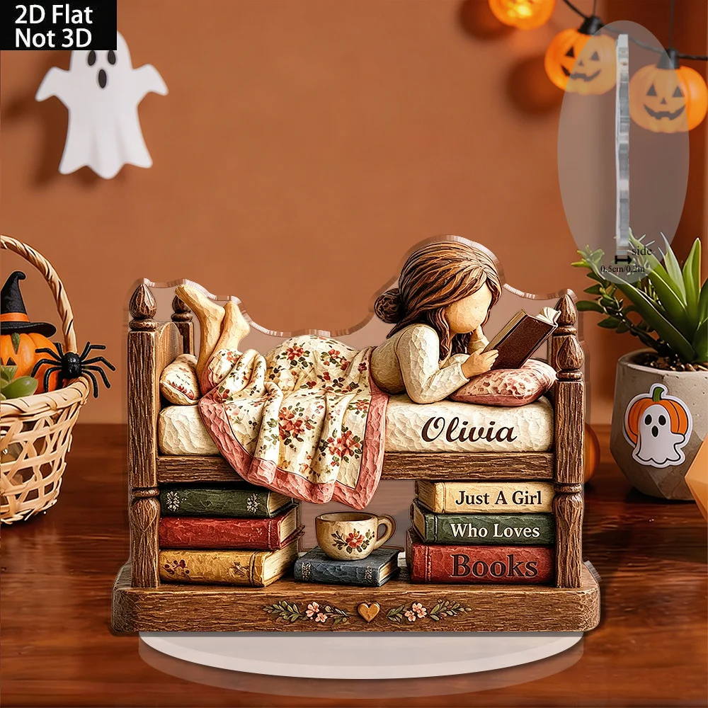 Book‑Loving Girl Acrylic Stand, 2D Flat Printed, Cozy Reading Scene With Stacked Books Desktop Table Ornament