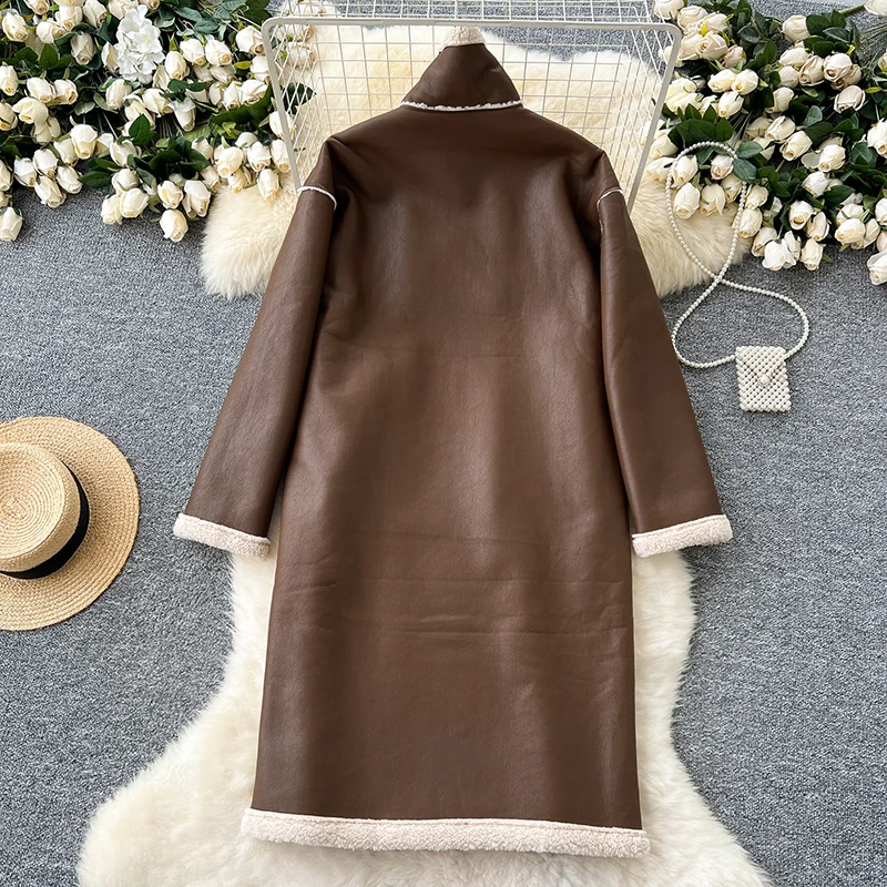 Winter Sheep Fur Long Lambwool Jacket Coat Women New Slim Double Breasted Sheepskin Fur Jacket Winter Stand Collar Female Jacket