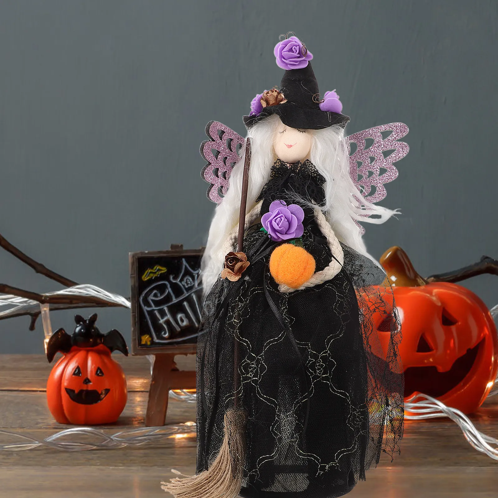 Halloween Witch Tree Topper with Black Veil, Spider Web Skirt, Hat & Broom – Home Party Decoration
