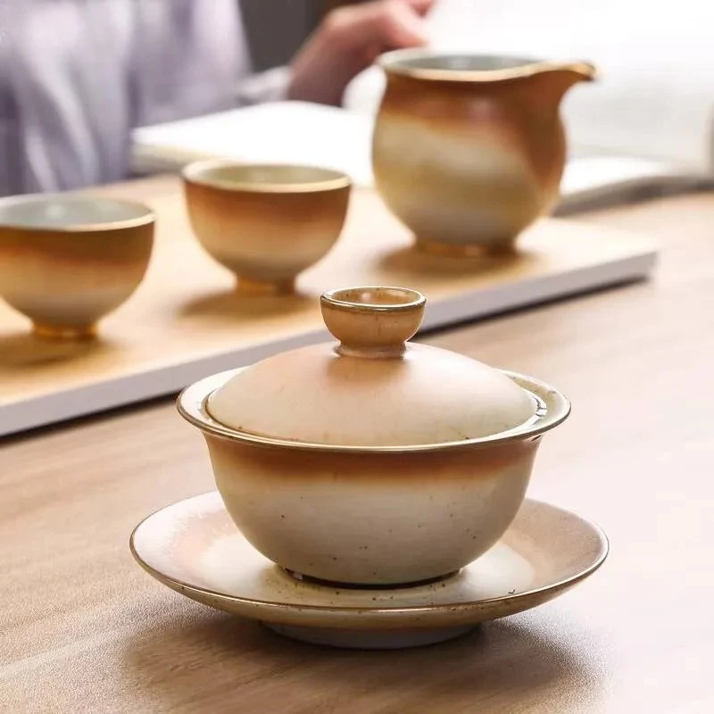 

120ml Retro Coarse Pottery San Cai GaiWan Tea Cup Handmade Household Puer Kung Fu Teaset Tea Ceremony Drinkware Accessories Gift