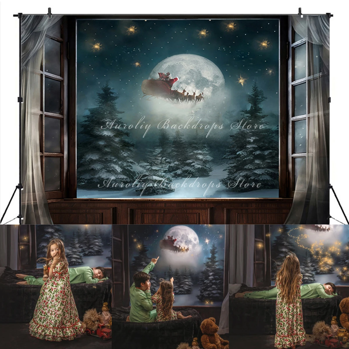 Christmas Eve Wish Santa Backdrops Kids Baby Photography Props Child Adult Photocall Decors Xmas Sleigh Windows Background