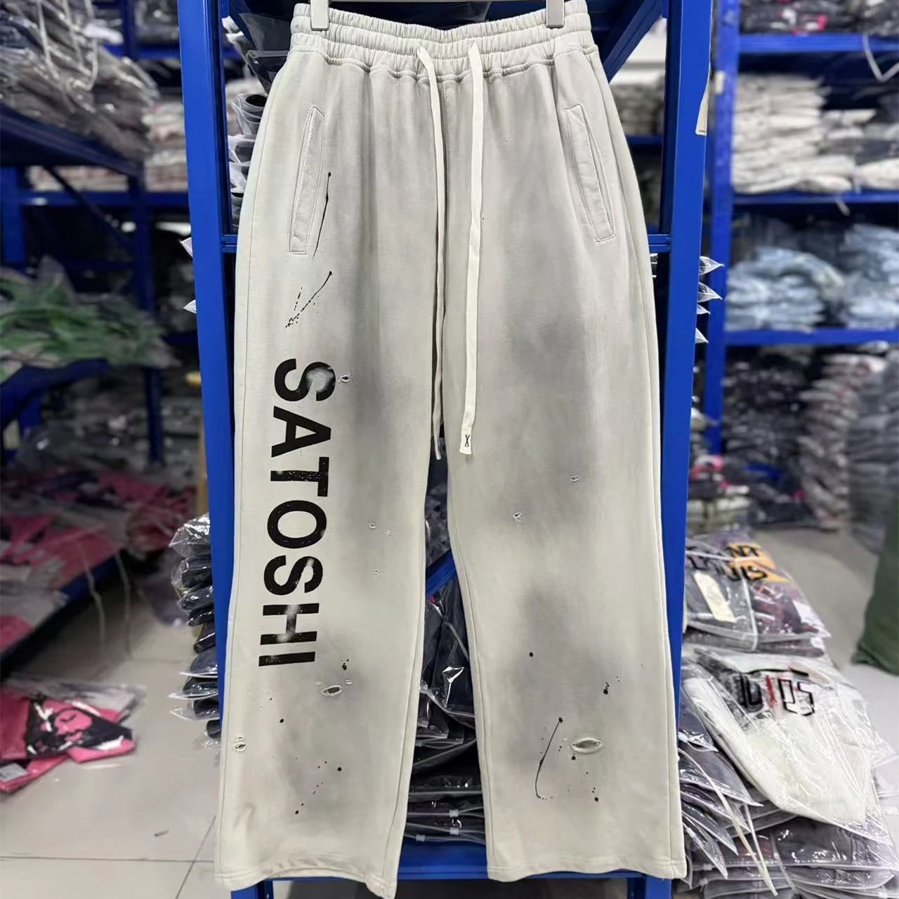 Washed Satoshi Nakamoto Splashing Ink Graffiti Destruction Hole Pants Men Women Trousers Jogger Drawstring Sweatpants