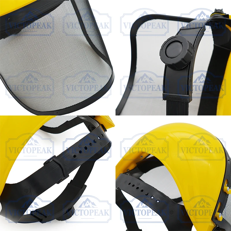 Gartengras-Trimmer Verstellbarer Sicherheitshelm mit Stahlgitter-Visier Gelber PVC-Schutzhelm für Gartenarbeit – Detail 6
