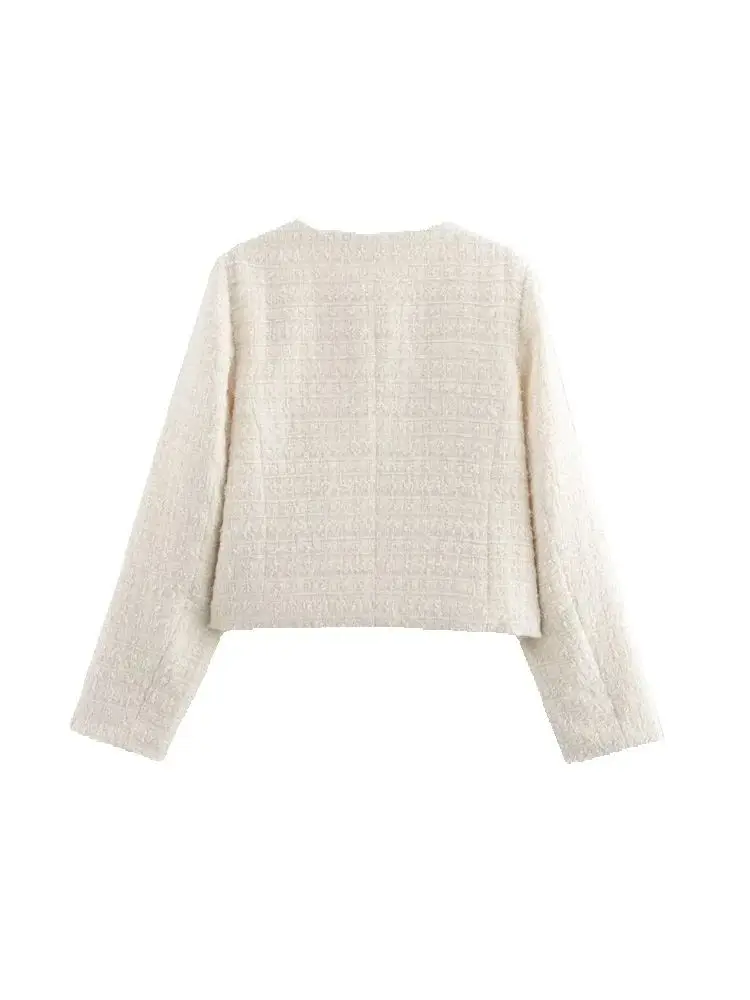Veste en Tweed à manches longues pour femmes, poches avant, boutons dorés, manteau à col rond, vêtements d'extérieur pour femmes, hauts chics, à la mode