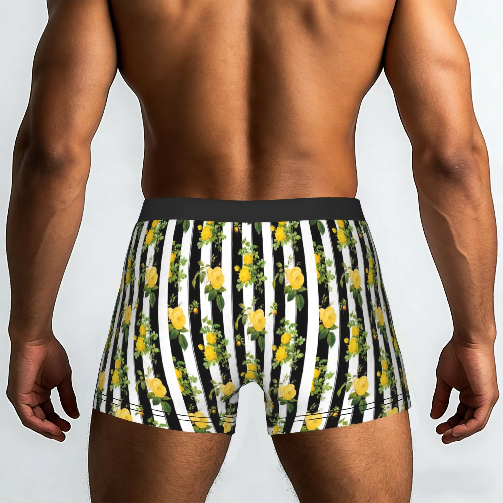 Yellow Rose Vertical Stripe Pattern  Underpants Breathbale Panties Men's Underwear Print Shorts Boxer Briefs