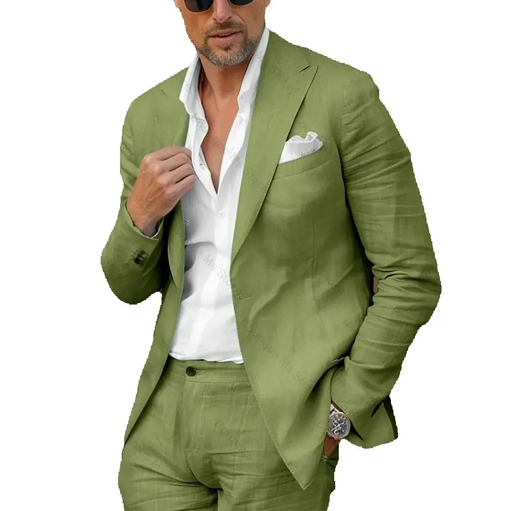 Green Linen Single Breasted Men Suit Peaked Lapel Business Casual Formal Costume Homme Slim Fit 2 Pcs Set Jacket Pants