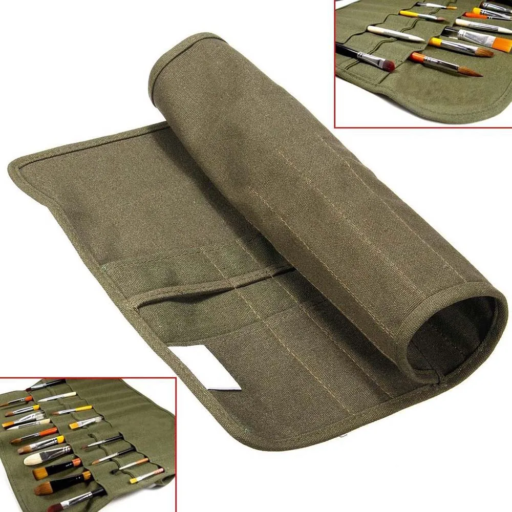 New Oil Painting Pen Bag High Grade Canvas Military Green Roll Up Canvas Paint Brush Storage Case Bag Hot Sale 1pc High-Capacity